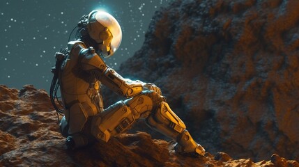 a person in a space suit sitting on a rock. Generative AI Art.