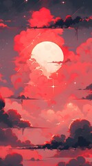 Wall Mural - red sky, with clouds and moon