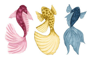 Set of stylized fish.Sea animals.Simple design.Pink,yellow,blue character. Watercolor illustration.Hand drawn isolated.