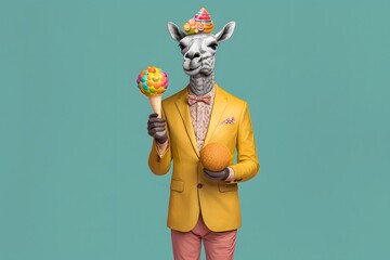 Wall Mural - elegant suit alpaca llama with ice cream on blue background, Generative AI