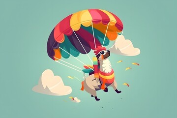 Wall Mural - cool llama jumps with a parachute. illustration, blue background, Generative AI