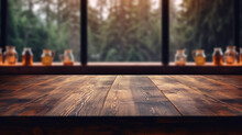 Empty Dark Wooden Counter With An Open Window, In The Style Of Bokeh Panorama