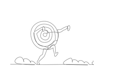 Wall Mural - Animated self drawing of continuous one line draw robot being chased by archery bullseye target. Losing idea in business goals. Humanoid robot cybernetic organism. Full length single line animation