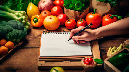 a person choosing healthy food options and preparing a grocery list. Generative AI,