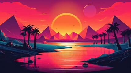 Wall Mural - Summer vibes 80s style illustration with sunset. Generative AI