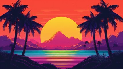 Wall Mural - Summer vibes 80s style illustration with sunset. Generative AI