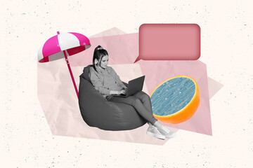 Sticker - Creative composite abstract collage photo of busy woman freelancer sit on beach remote work on vacation isolated painted background