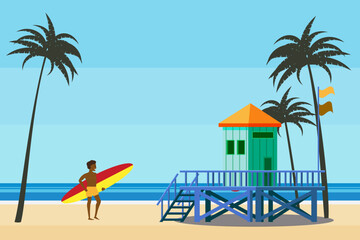 Wall Mural - Lifeguard Tower on the beach palms, surfer, coast ocean, sea. Summer tropical landscape, vector