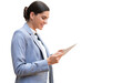 © ty - Business woman at work with tablet on a transparent background.