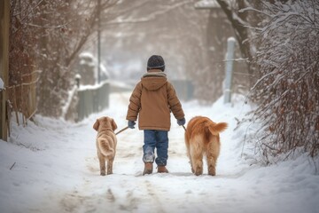 child walks two dogs in the winter