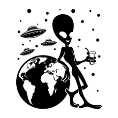 Wall Mural - Extraterrestrial alien and planet Earth on white background.
