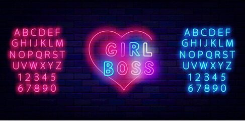 Wall Mural - Girl Boss neon label. Heart shape frame. Woman power sign. Chief emblem. Vector stock illustration