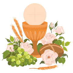 The First communion symbols. Vector. Golden bowl for wine, bread, wine, grapes, white roses. Elements for beautiful invitation design. Festively decorated altar.