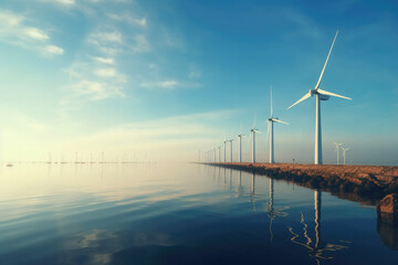 Wall Mural - windmills to generate electricity in blue water, generated by ai