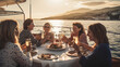 group of friends relaxing on a luxury yacht and drinking champagne, having fun together while sailing in the sea, incorporating the concepts of summer holidays and yachting. Generative Ai