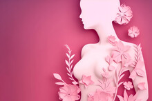 Paper Cut , Breast Cancer Awareness Day, Body Woman With Flowers On Pink Background , Created With Generative AI
