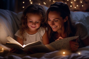 family before going to bed mother reads to her child a book near a lamp in the evening