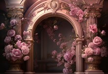 Pink Roses On Victorian Columns- Ai Generated 