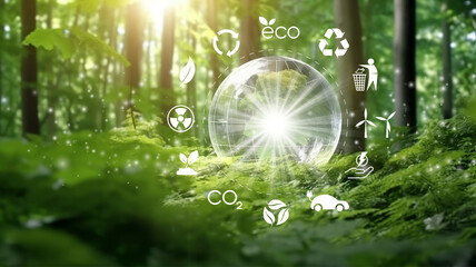 glass globe in green forest with the icon environment of esg, co2, circular company, and net zero. t