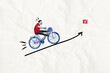 © deagreez - Collage portrait of excited black white gamma guy ride bicycle growing arrow upwards check mark icon isolated on white paper background