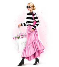 Beautiful Young Woman Walking. Fashion Look. Fashion Lady Holding Paper Bag With Flowers. Fashion Illustration