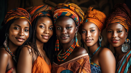 Group of beautiful african in traditional clothes posing in Africa. Generative AI.