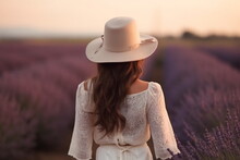 Young Pretty Woman Standing Back On The Lavender Field