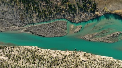 Wall Mural - Drone view of the river and forest in the glacier valley. View of the moraines. Landscape from the air.  River on a moraine. Landscape from drone. 