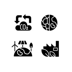 Poster - Global nature protection black glyph icons set on white space. Environment conservation. Ecology care programs. Silhouette symbols. Solid pictogram pack. Vector isolated illustration