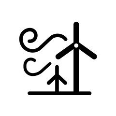Wall Mural - Wind energy black glyph icon. Renewable power sources. Eco friendly industry development. Clean technology. Silhouette symbol on white space. Solid pictogram. Vector isolated illustration