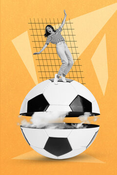 Vertical collage picture of impressed mini black white effect girl stand balancing huge football clouds inside isolated on orange background