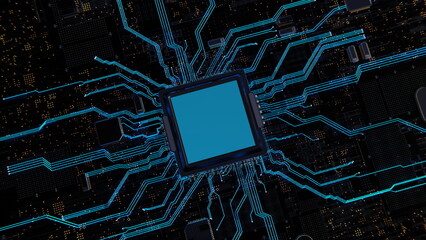 Blue computer electronic chip with blue glow, multiple filter effect, innovative page design, black background, top view, superflat, light cyan and gold. 3d render