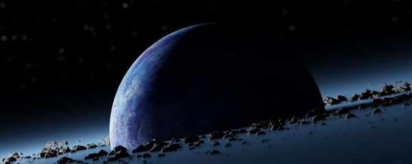 Wall Mural - panorama planet pandora surrounded asteroid belt, rings wreckage of destroyed planet. blue protoplan