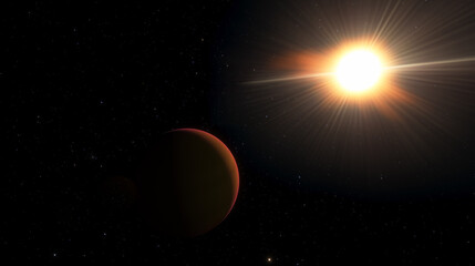 Wall Mural - planet earth dawn sunset from space. silhouette planet earth in rays of sun against background of sp