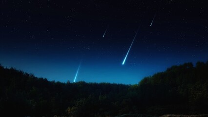 Meteor trails at night over the hills. Bright tails of meteorites in the sky. Landscape with beautiful shooting stars.