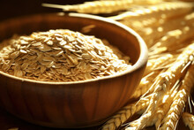Bowl Of Oatmeal With Wheat On Kitchen Table . Healthy Cereal Grain With Fiber. Generative Ai