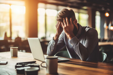 person at work with laptop with hands on head. strees, anxiety, and pressure in business. generative ai