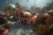 A detailed illustration of a group of crustaceans, such as crabs or lobsters, in a lively and bustling marine environment, Generative AI