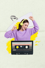 Wall Mural - Vertical photo concept collage of positive funny girl careless listen cassette wireless headphones chill isolated on green background