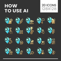 Sticker - How to use AI big gradient glyph icons set with lineart for dark theme. Artificial intelligence in daily life. Isolated color vector illustrations for night mode. Solid linear pictograms pack