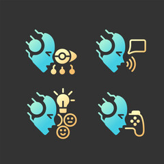 Sticker - Artificial intelligence benefits gradient glyph icons set with lineart for dark theme. AI advantages. Deep learning. Isolated color vector illustrations for night mode. Solid linear pictograms pack