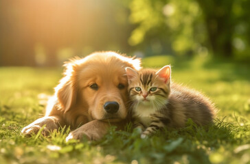 golden retriever and cat puppy