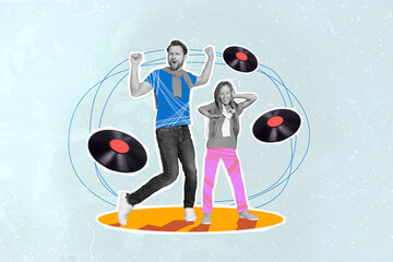 Sticker - Collage picture of black white colors father daughter enjoy dancing partying vinyl record isolated on creative background