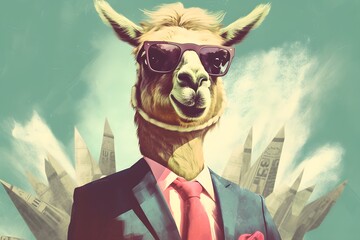 Wall Mural - llama businessman in suit on the background of skyscrapers, Generative AI