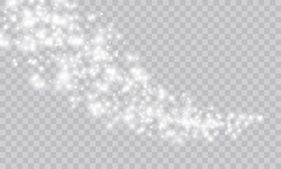 White png dust light. Bokeh light lights effect background. Christmas background of shining dust. Christmas glowing light confetti and spark overlay. Shimmering Dust. Festive Designs.