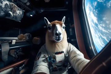 Wall Mural - astronaut llama makes selfie in space station, earth view on background, Generative AI