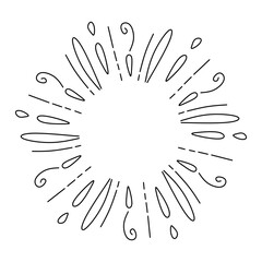 Starburst frame doodle. Hand drawing explosion. Sun burst sketch isolated on white background. Round banner with circle black radial rays in linear style. Vector illustration