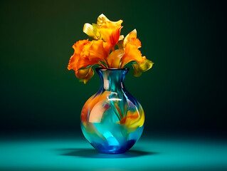 Poster - An opalescent vase in green, sapphire blue, cyan, turquoise, containing beautiful orange flowers with a dynamic composition and dramatic lighting,Generative AI