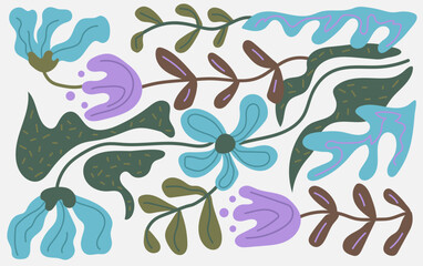 Wall Mural - Horizontal poster with abstract flowers. Bouquets of flowers. Drawing style. Cute botanical shapes