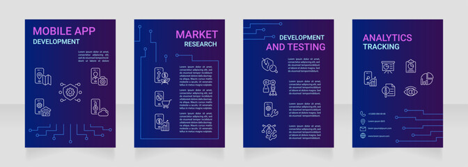 Mobile app development purple premade brochure template. Digital marketing. Programming tools. Software engineering booklet design with icons, copy space. Editable 4 layouts. Roboto, Arial fonts used